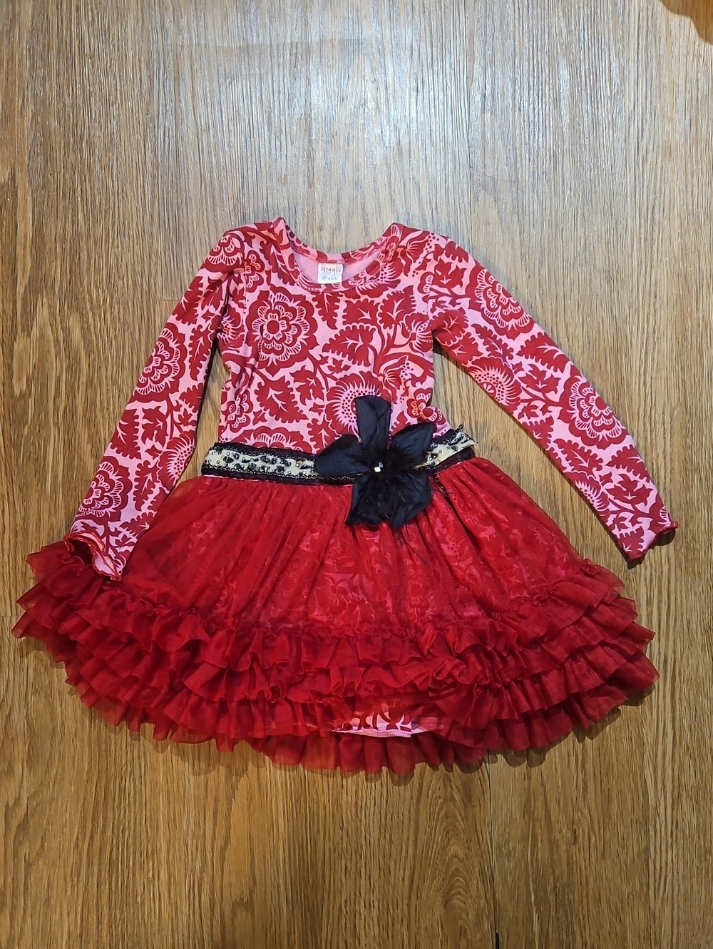 Gently Worn Giggle Moon Red Floral Layered Ruffle Dress with Black Flower